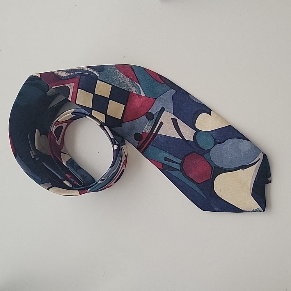Bellagio Men's Tie 100% Silk Abstract Blue, Green, Burgundy